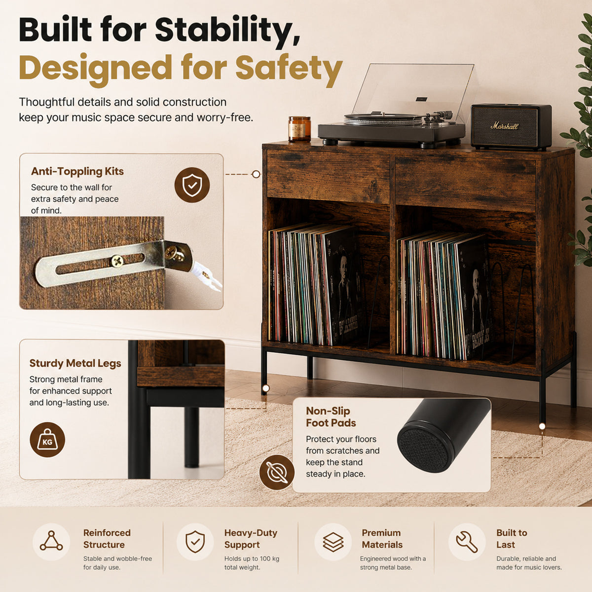 Record Player Stand with Power Outlets and Drawers Furniture Storage Home