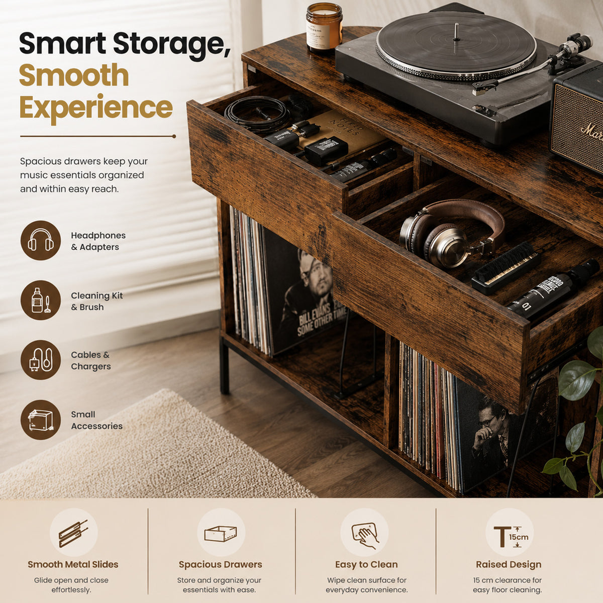 Record Player Stand with Power Outlets and Drawers Furniture Storage Home