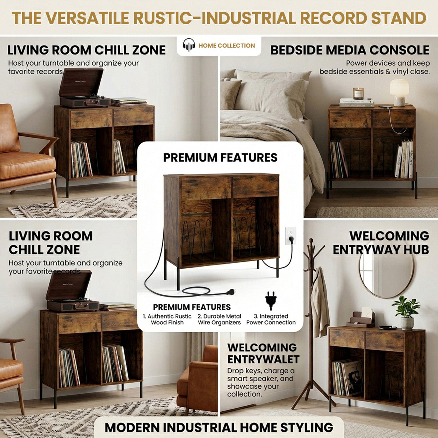 Record Player Stand with Power Outlets and Drawers Furniture Storage Home