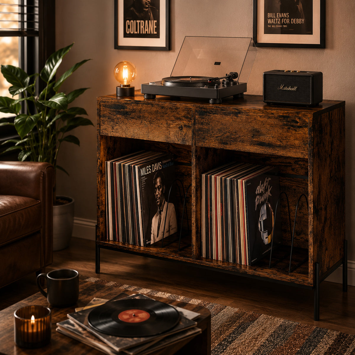 Record Player Stand with Power Outlets and Drawers Furniture Storage Home