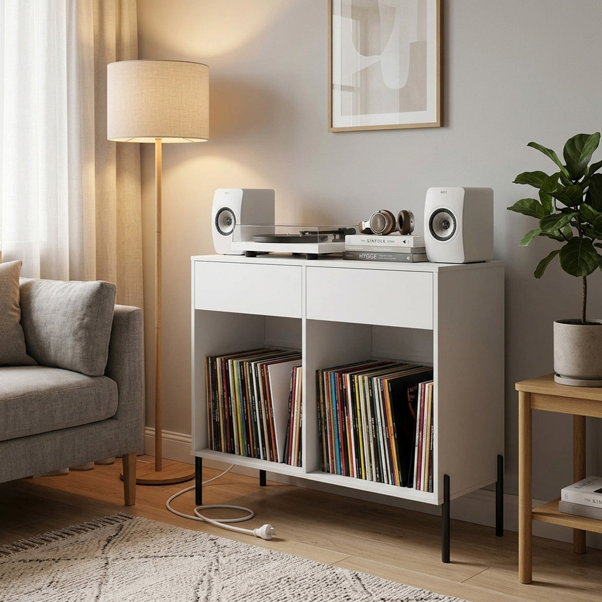 Record Player Stand with Power Outlets and Drawers Furniture Storage Home