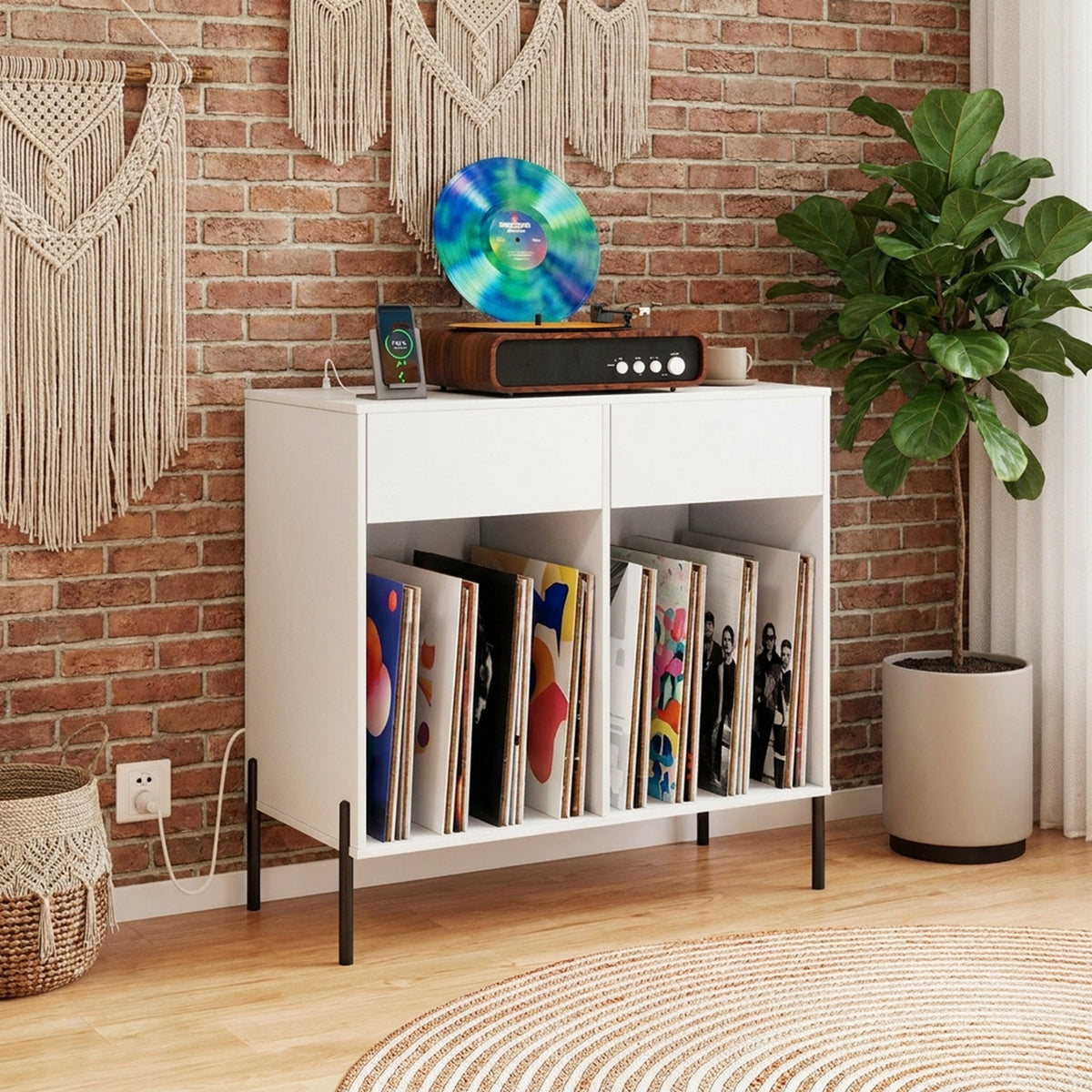 Record Player Stand with Power Outlets and Drawers Furniture Storage Home