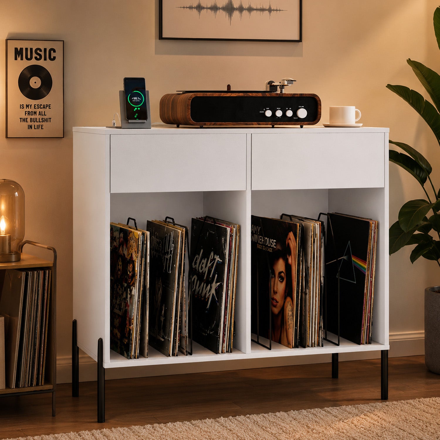 Record Player Stand with Power Outlets and Drawers Furniture Storage Home