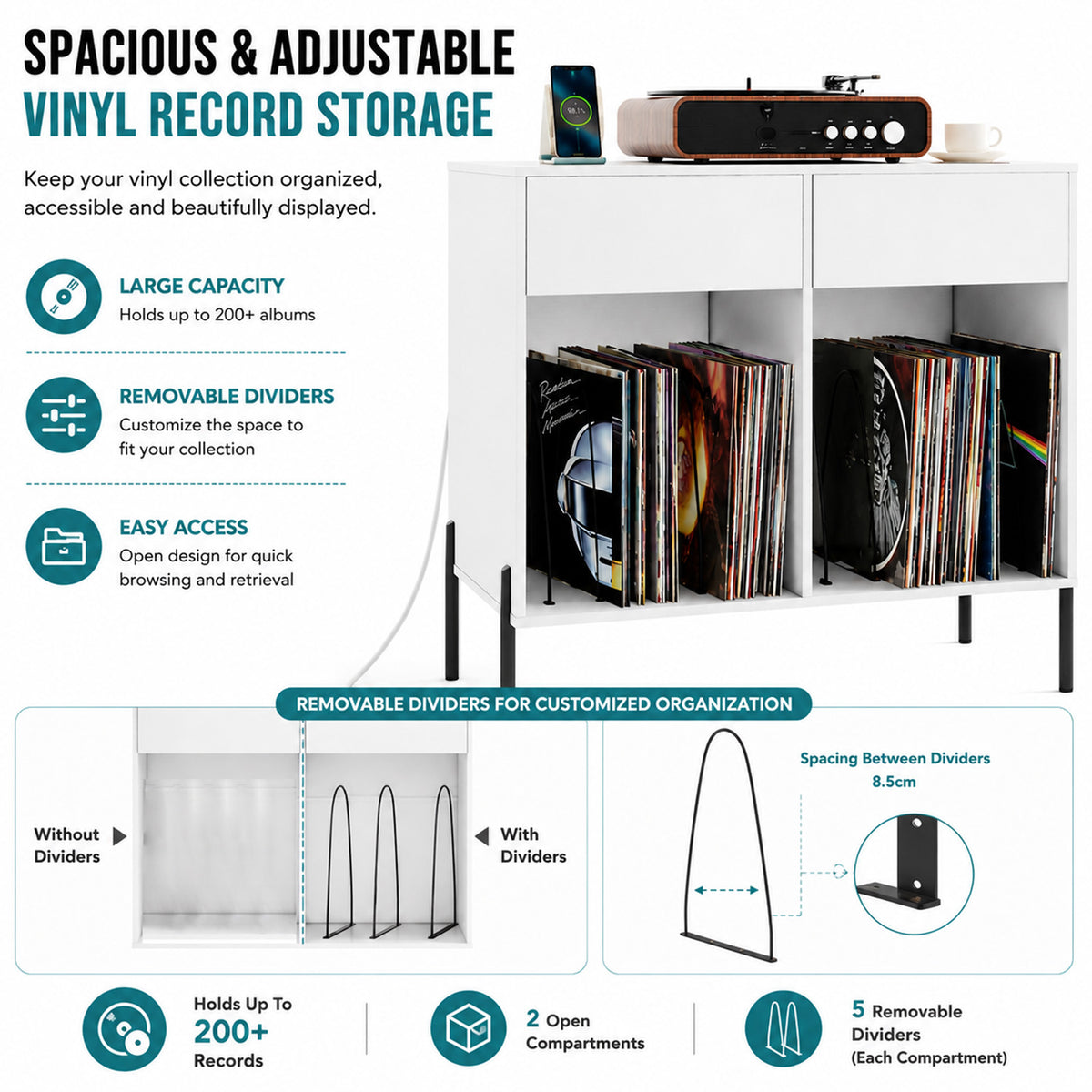Record Player Stand with Power Outlets and Drawers Furniture Storage Home