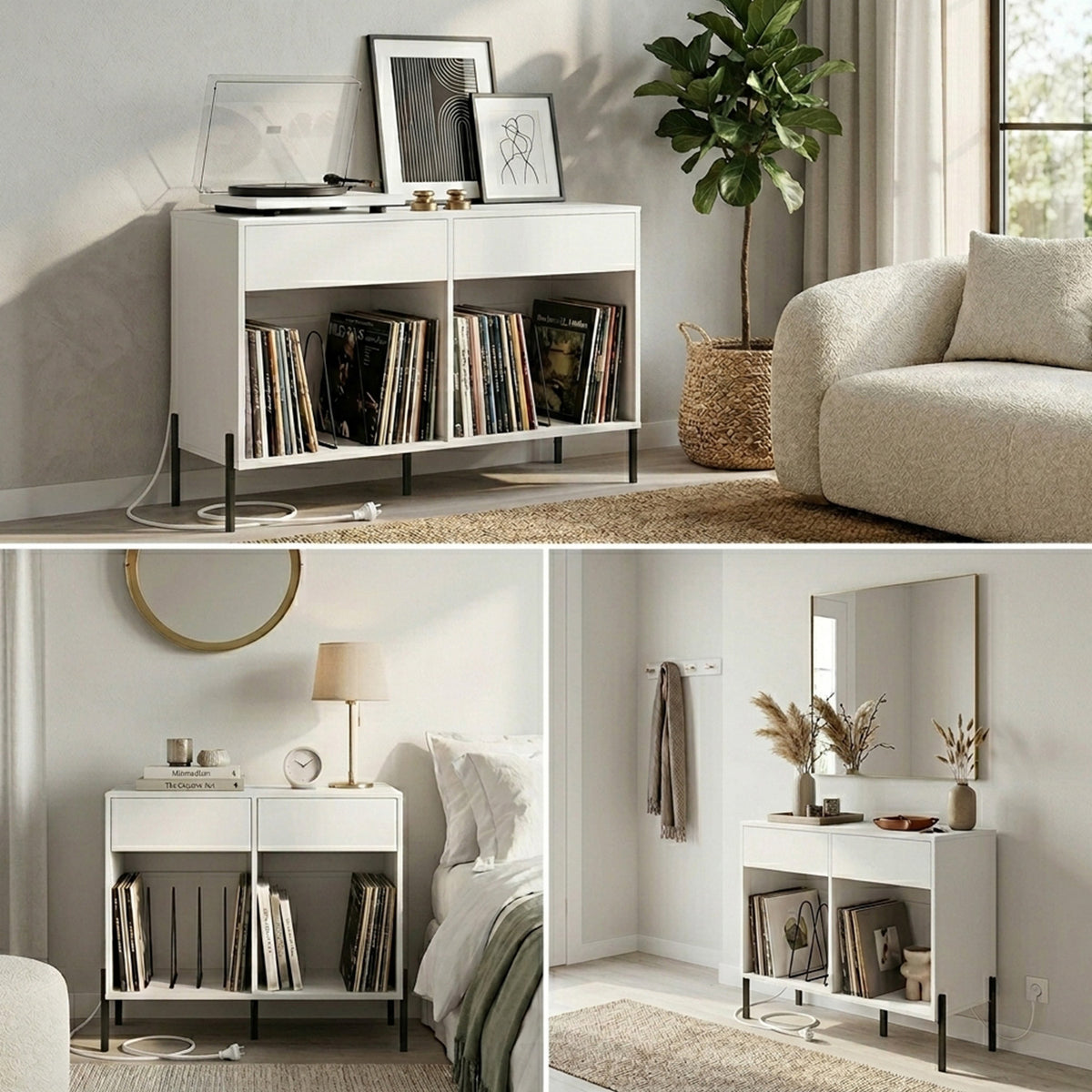 Record Player Stand with Power Outlets and Drawers Furniture Storage Home