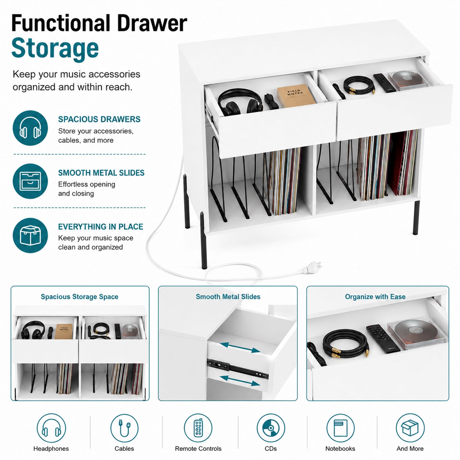 Record Player Stand with Power Outlets and Drawers Furniture Storage Home
