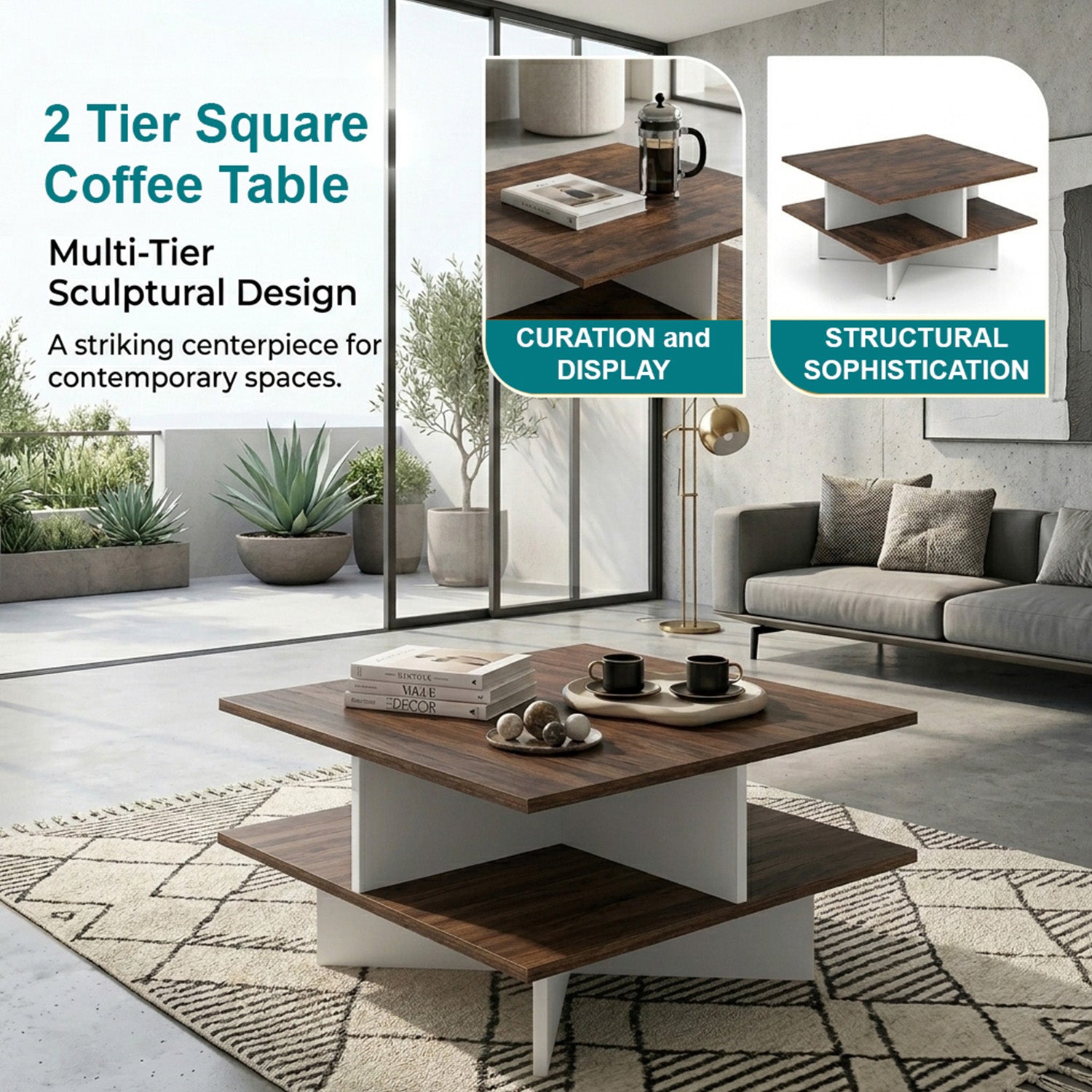 2 Tier Square Coffee Table with 4 Storage Compartments Furniture Home