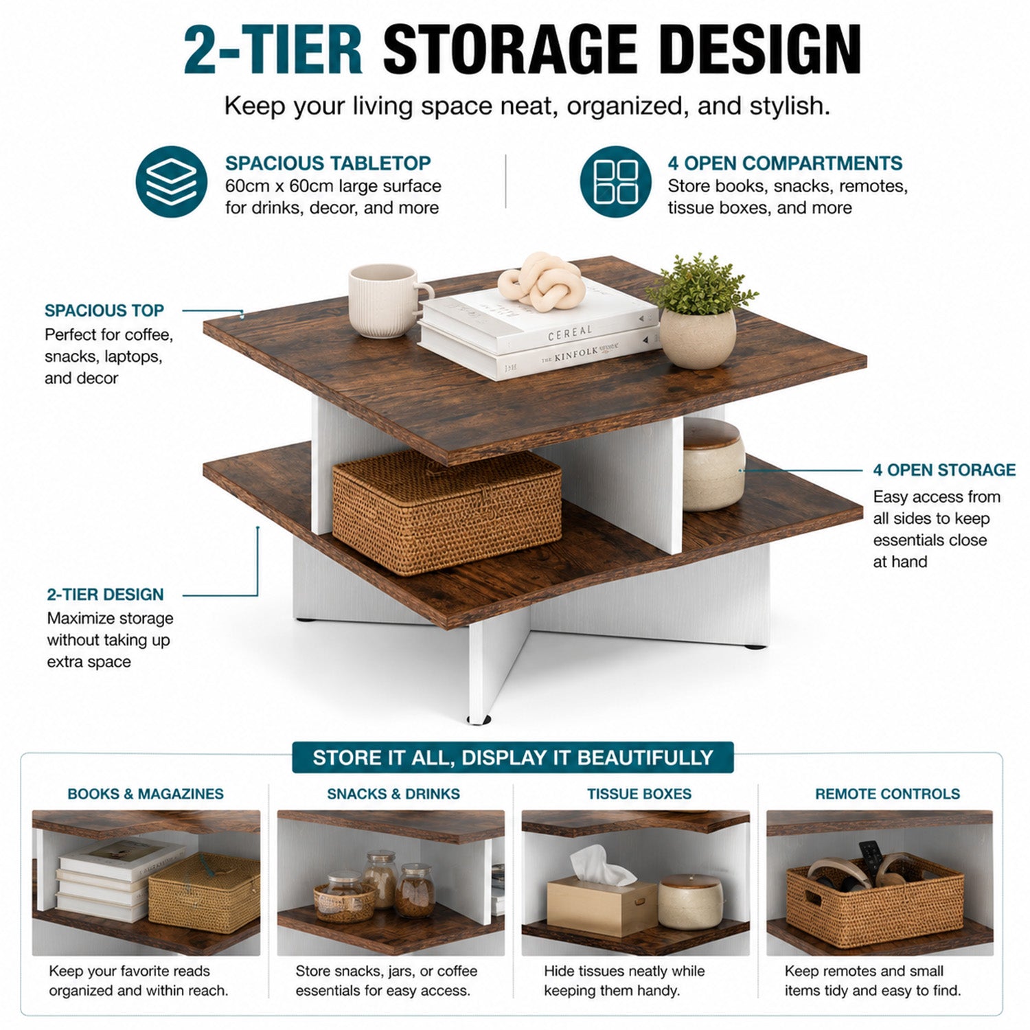 2 Tier Square Coffee Table with 4 Storage Compartments Furniture Home
