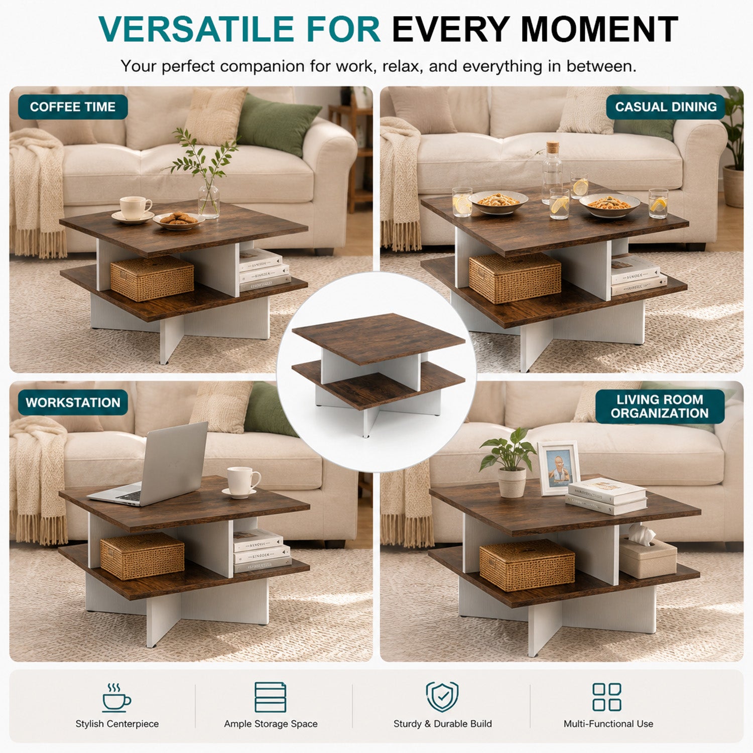 2 Tier Square Coffee Table with 4 Storage Compartments Furniture Home
