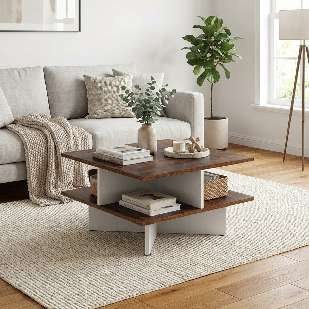 2 Tier Square Coffee Table with 4 Storage Compartments Furniture Home