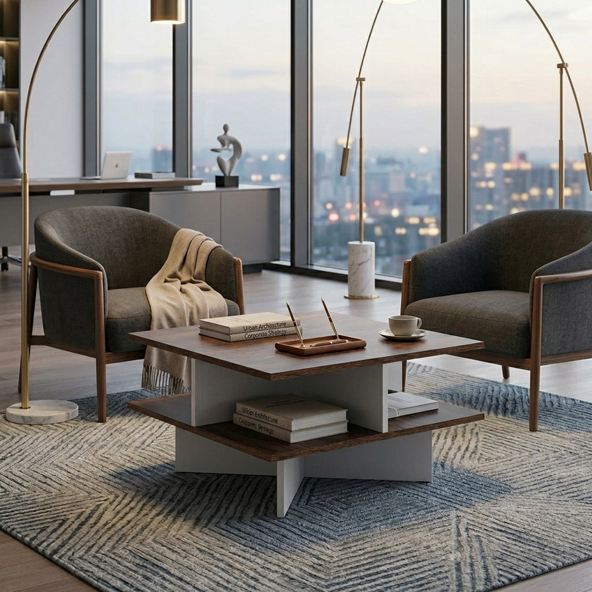 2 Tier Square Coffee Table with 4 Storage Compartments Furniture Home