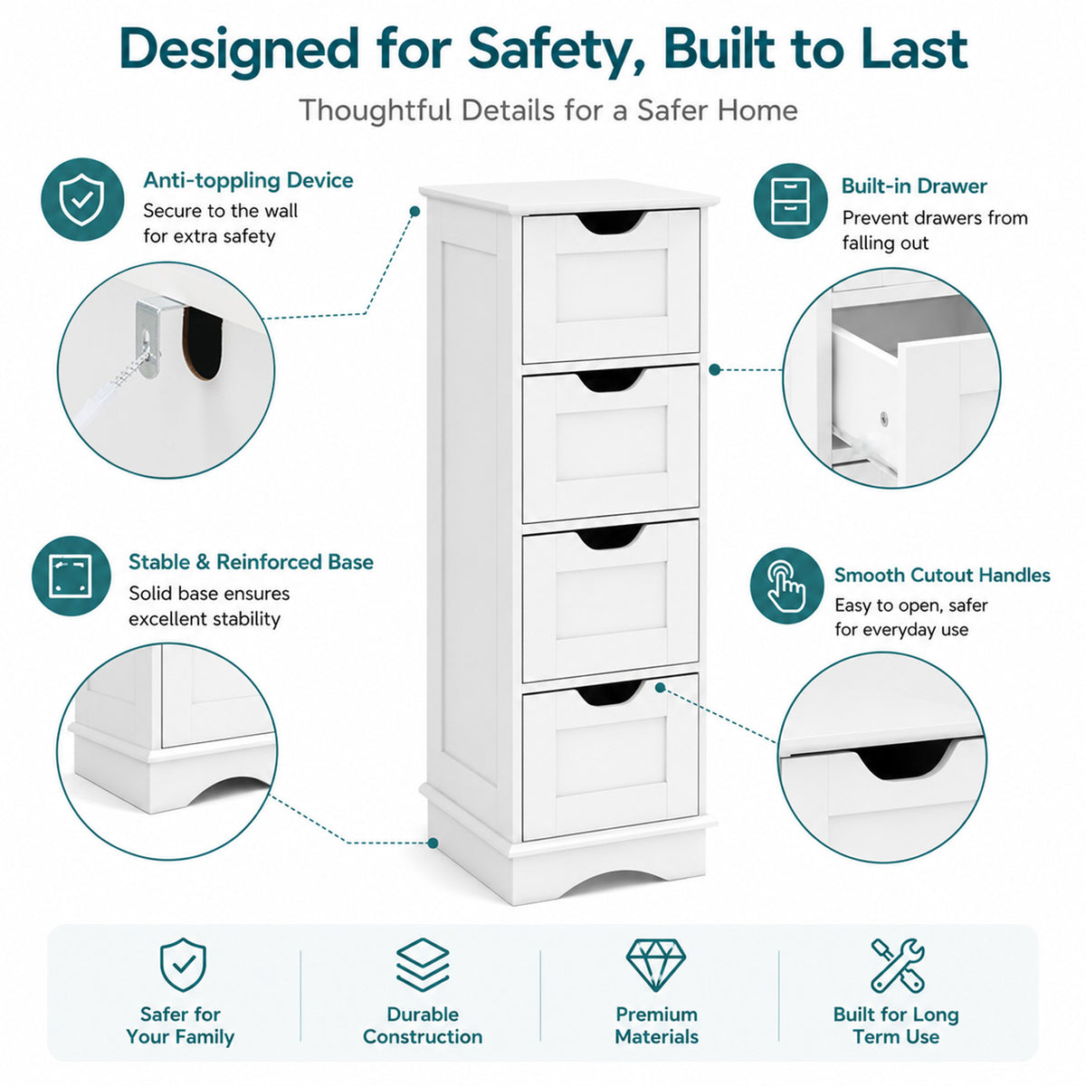 Bathroom Storage Cabinet with 4 Drawers Furniture Storage Home Hallway