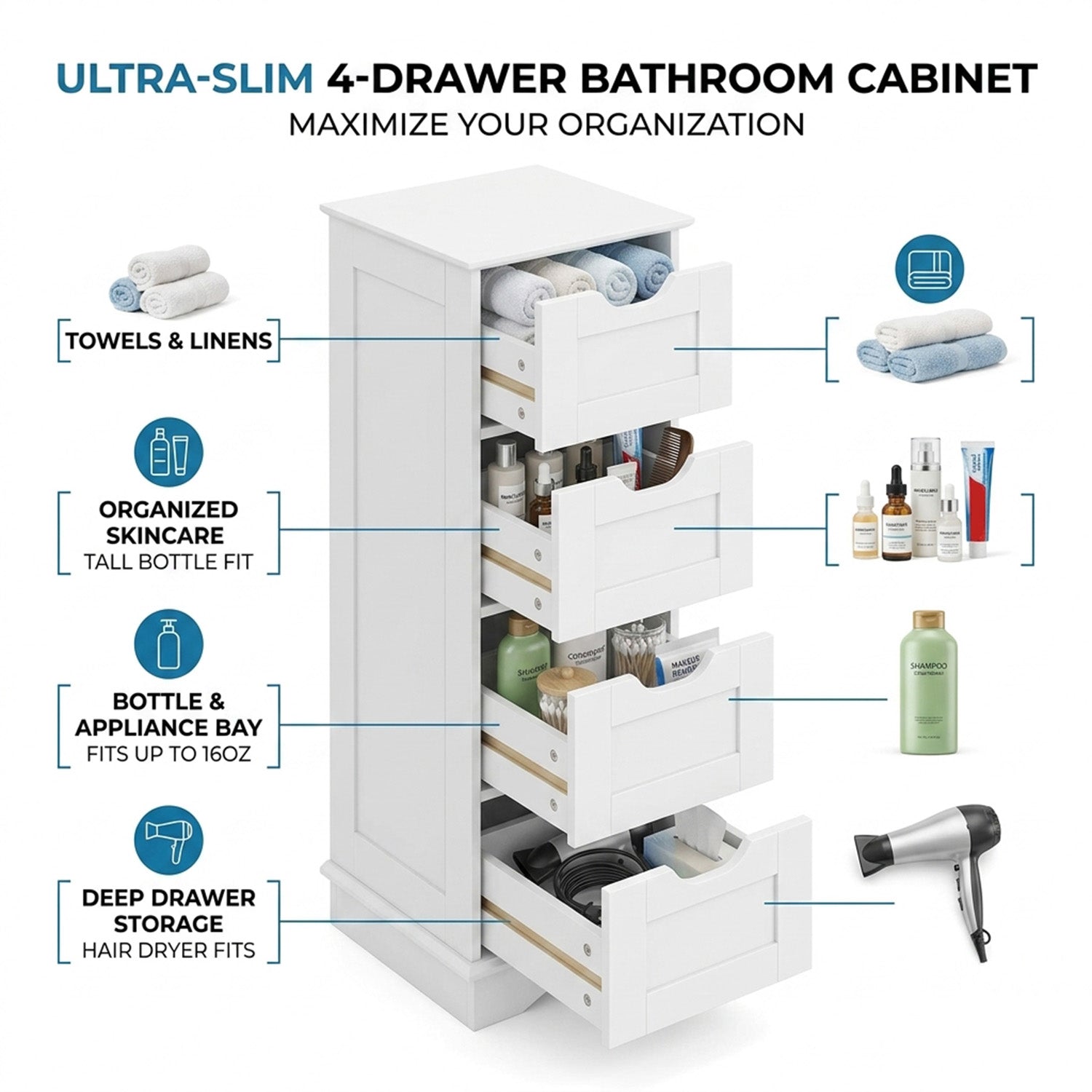 Bathroom Storage Cabinet with 4 Drawers Furniture Storage Home Hallway