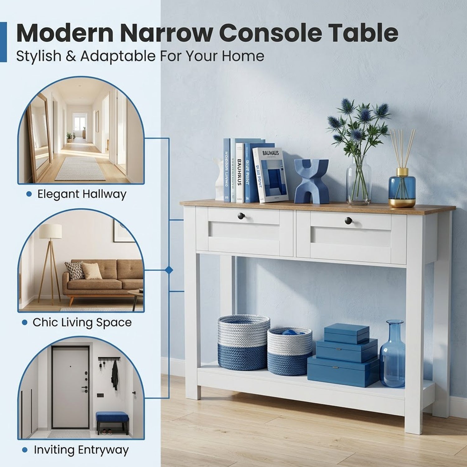 Farmhouse Console Table with 2 Drawers Open Shelf Entryway Sofa Table