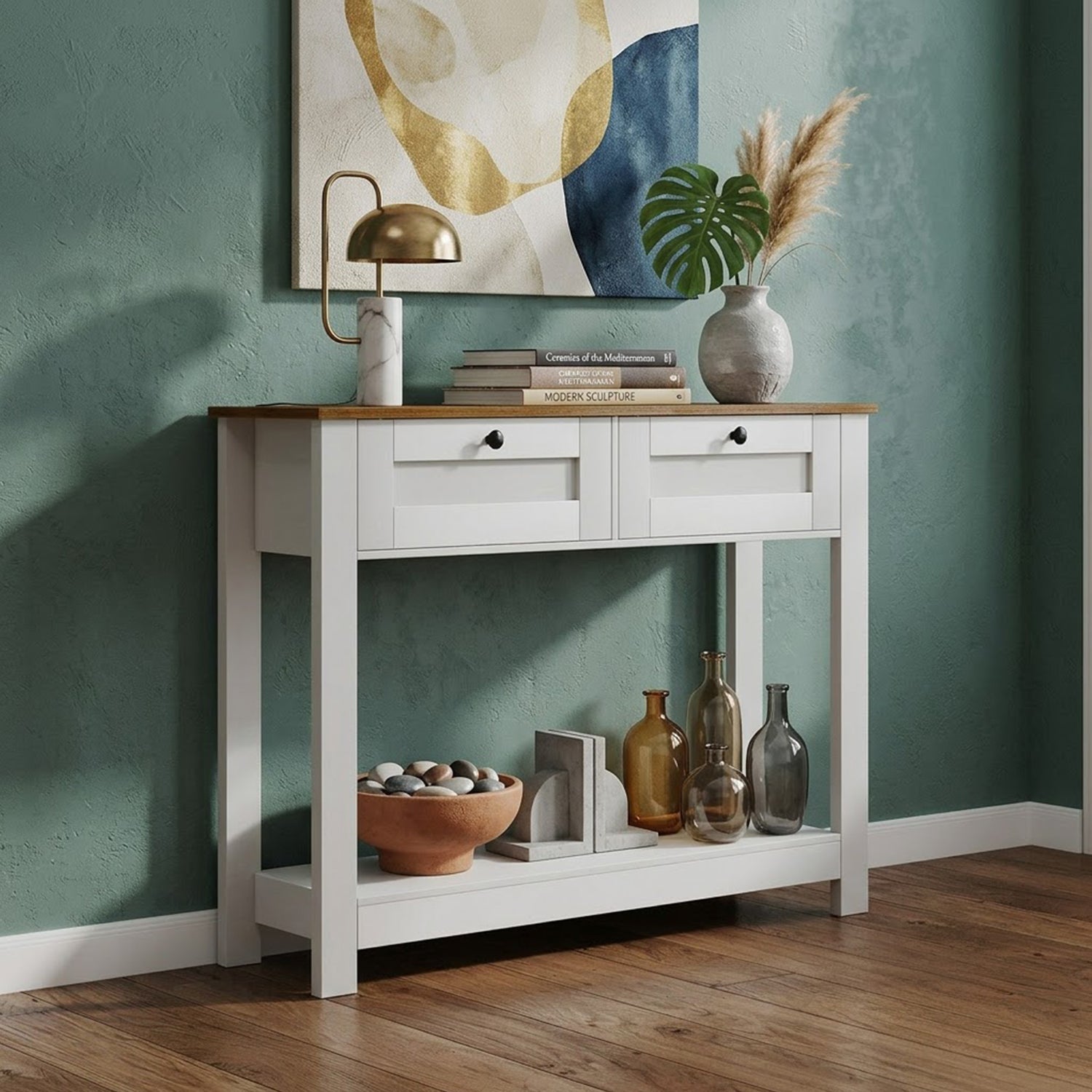Farmhouse Console Table with 2 Drawers Open Shelf Entryway Sofa Table