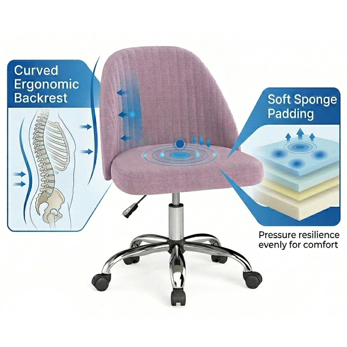 Modern Armless Office Chair with Upholstered Seat and Smooth Rolling Casters