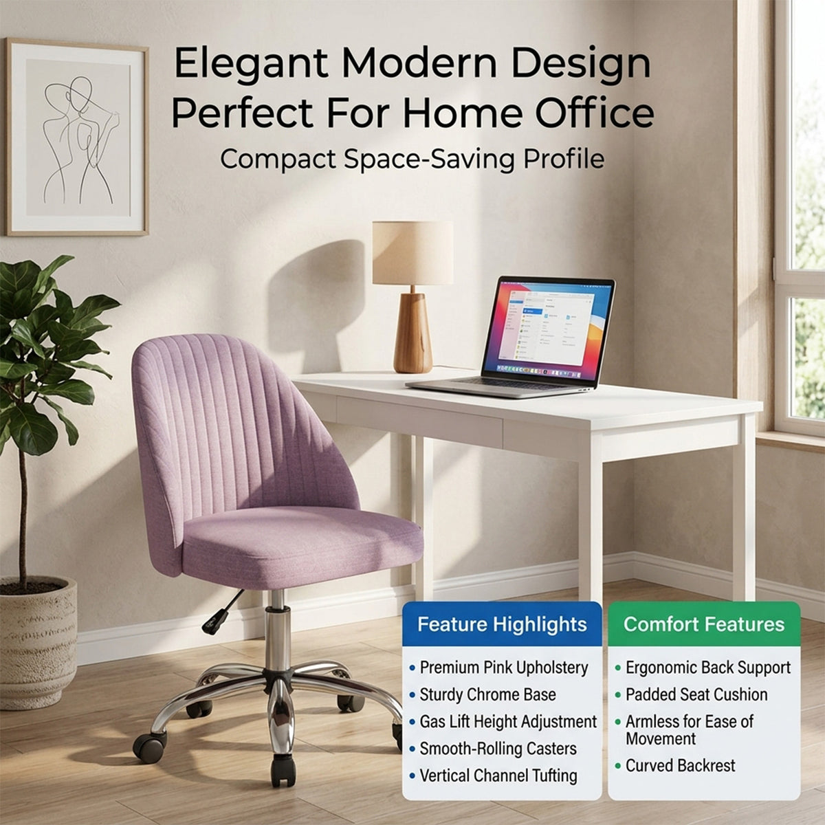 Modern Armless Office Chair with Upholstered Seat and Smooth Rolling Casters