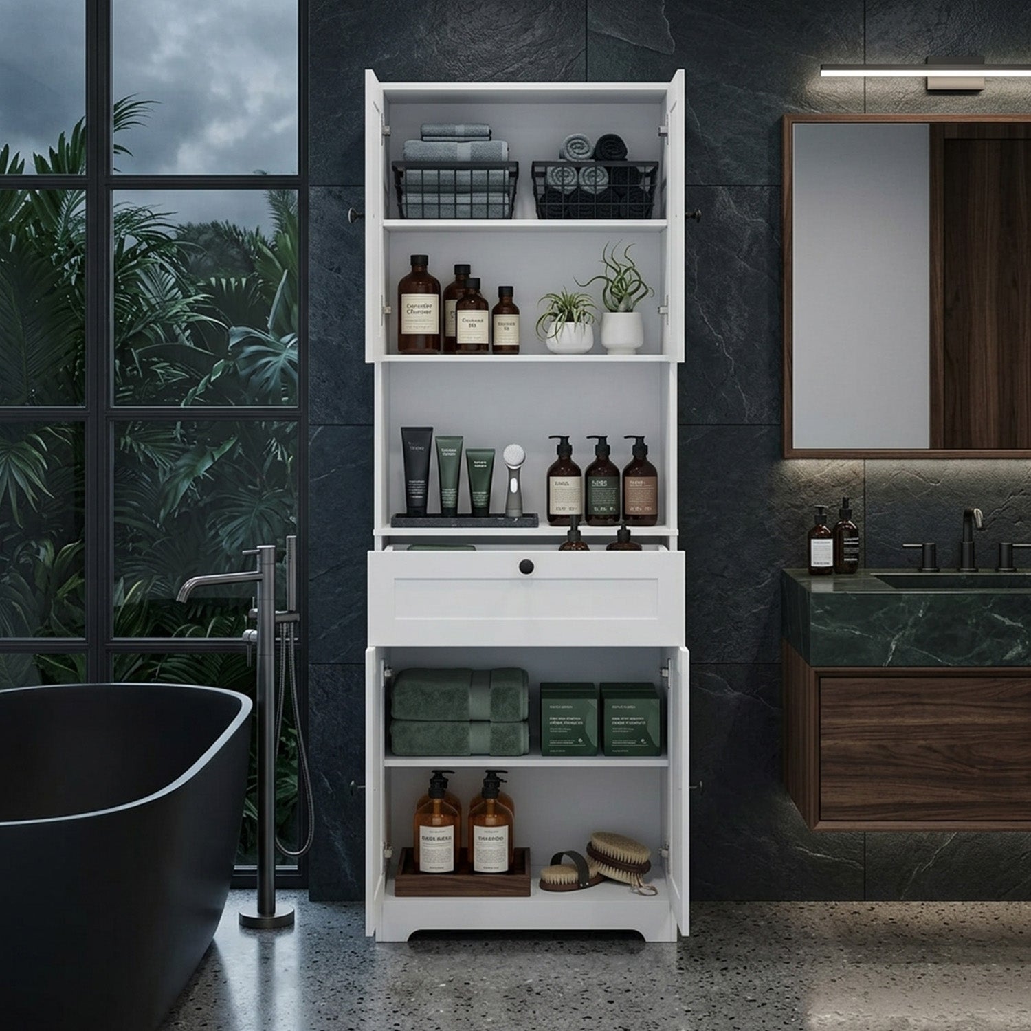 171.5cm Tall Bathroom Cabinet Freestanding Storage with 4 Doors 1 Drawer