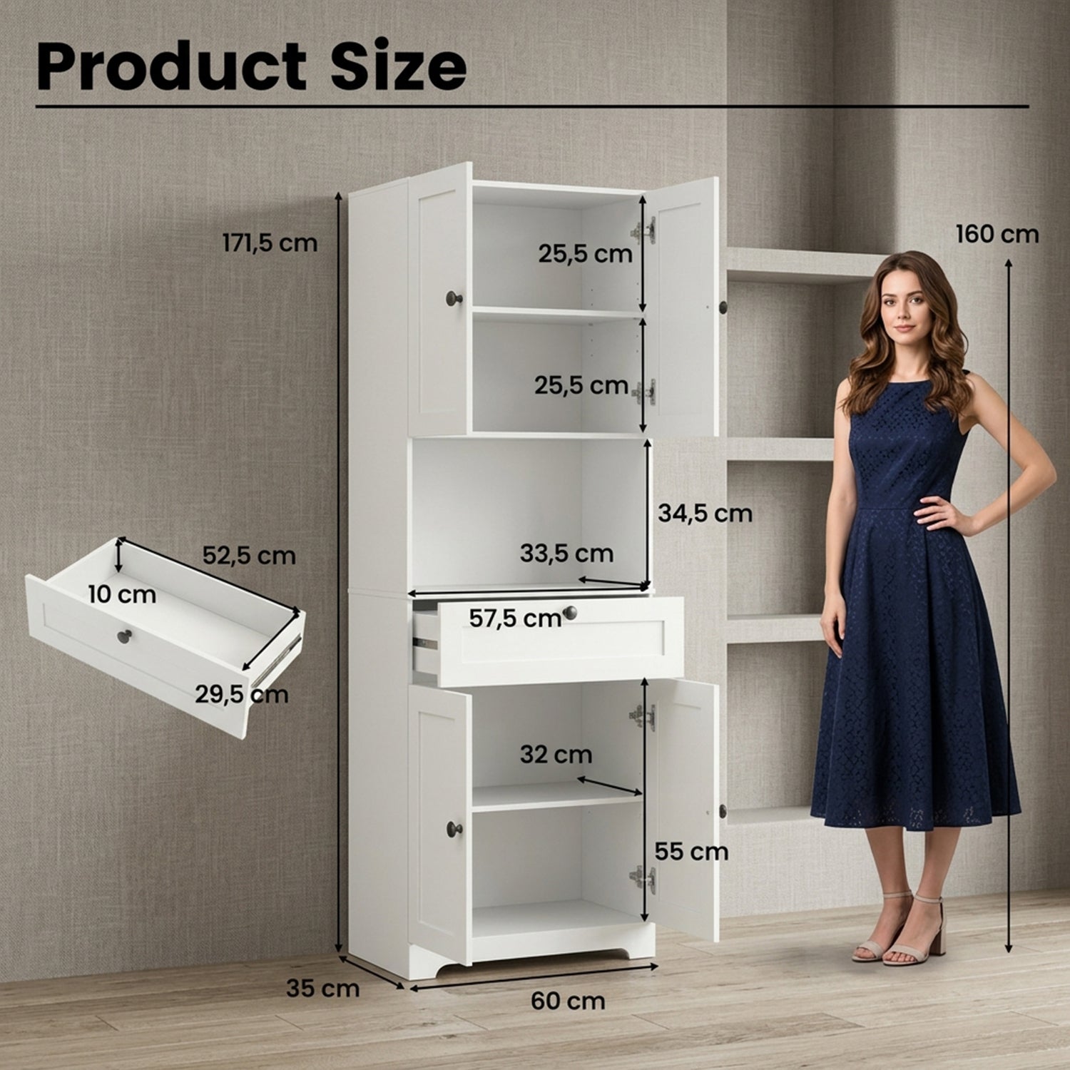 171.5cm Tall Bathroom Cabinet Freestanding Storage with 4 Doors 1 Drawer