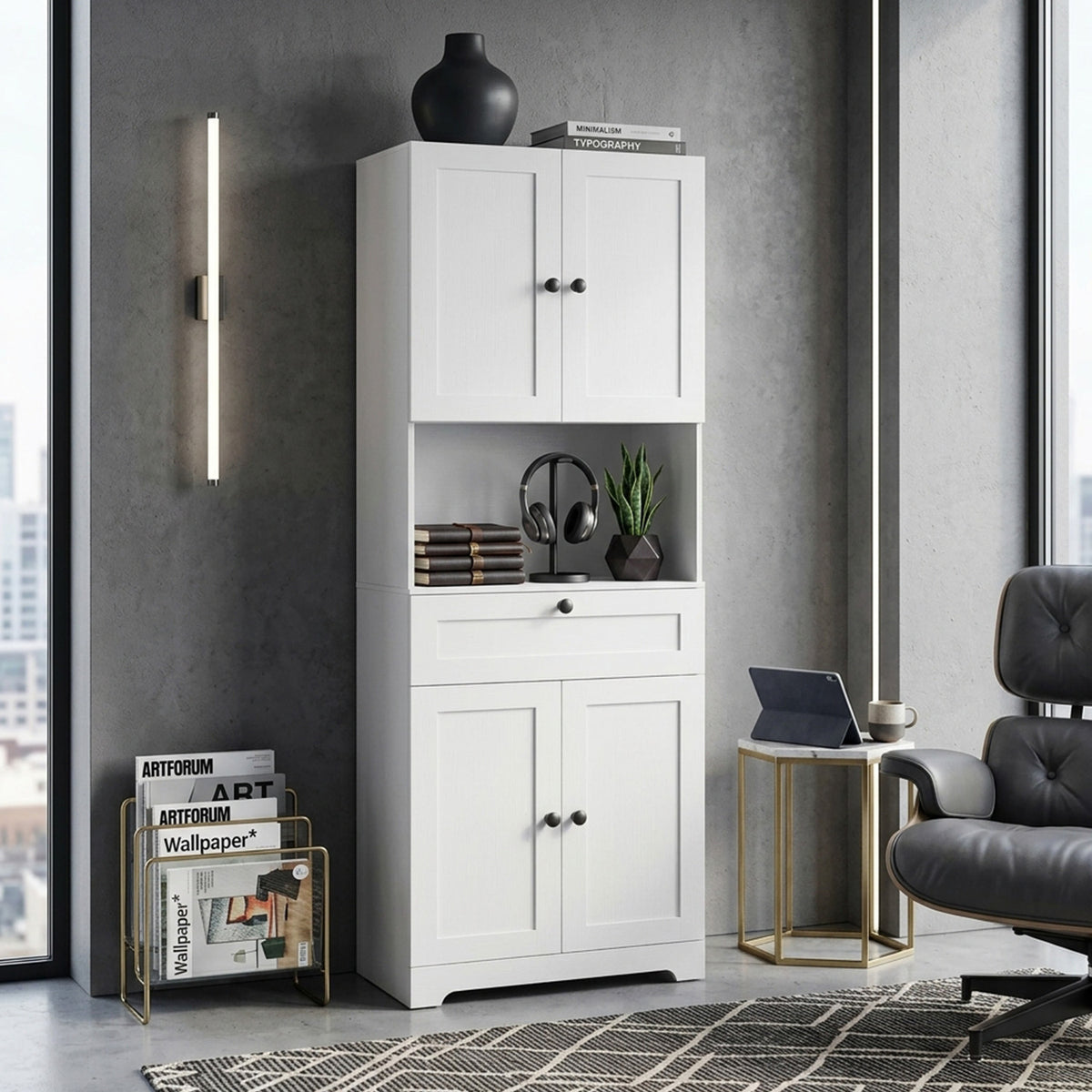 171.5cm Tall Bathroom Cabinet Freestanding Storage with 4 Doors 1 Drawer