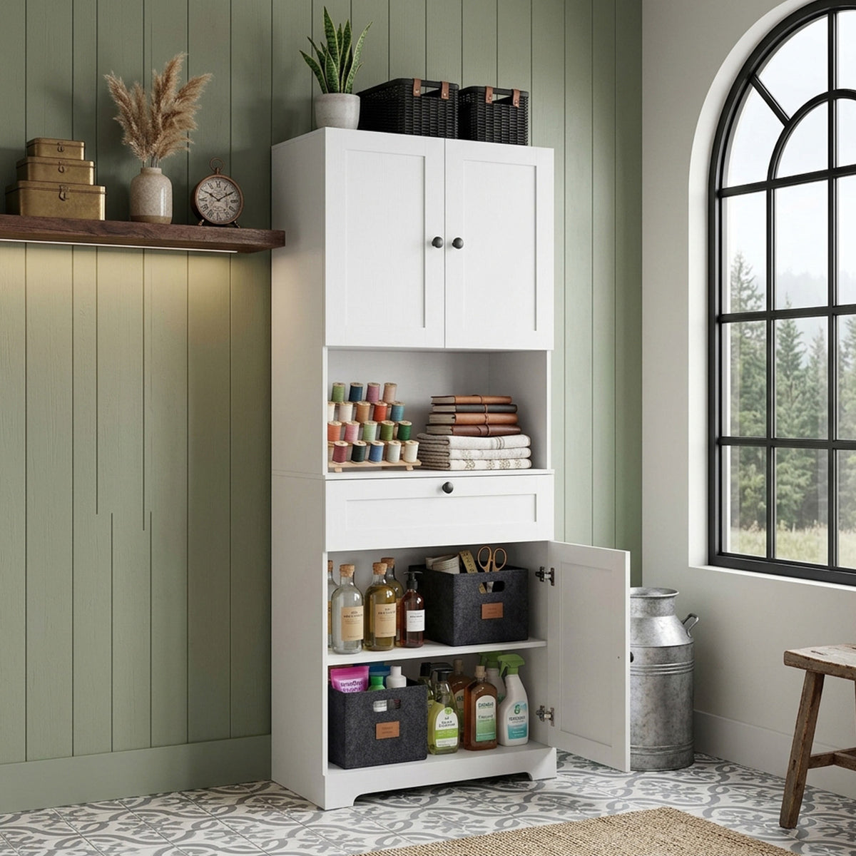 171.5cm Tall Bathroom Cabinet Freestanding Storage with 4 Doors 1 Drawer