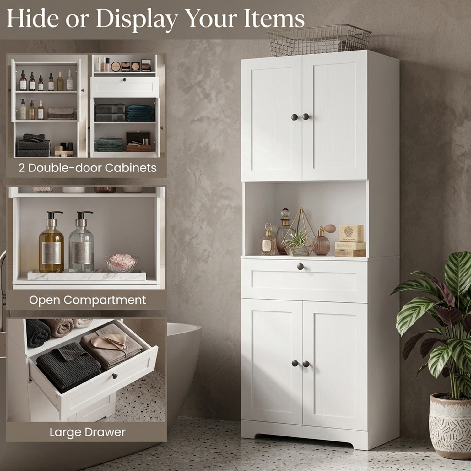 171.5cm Tall Bathroom Cabinet Freestanding Storage with 4 Doors 1 Drawer