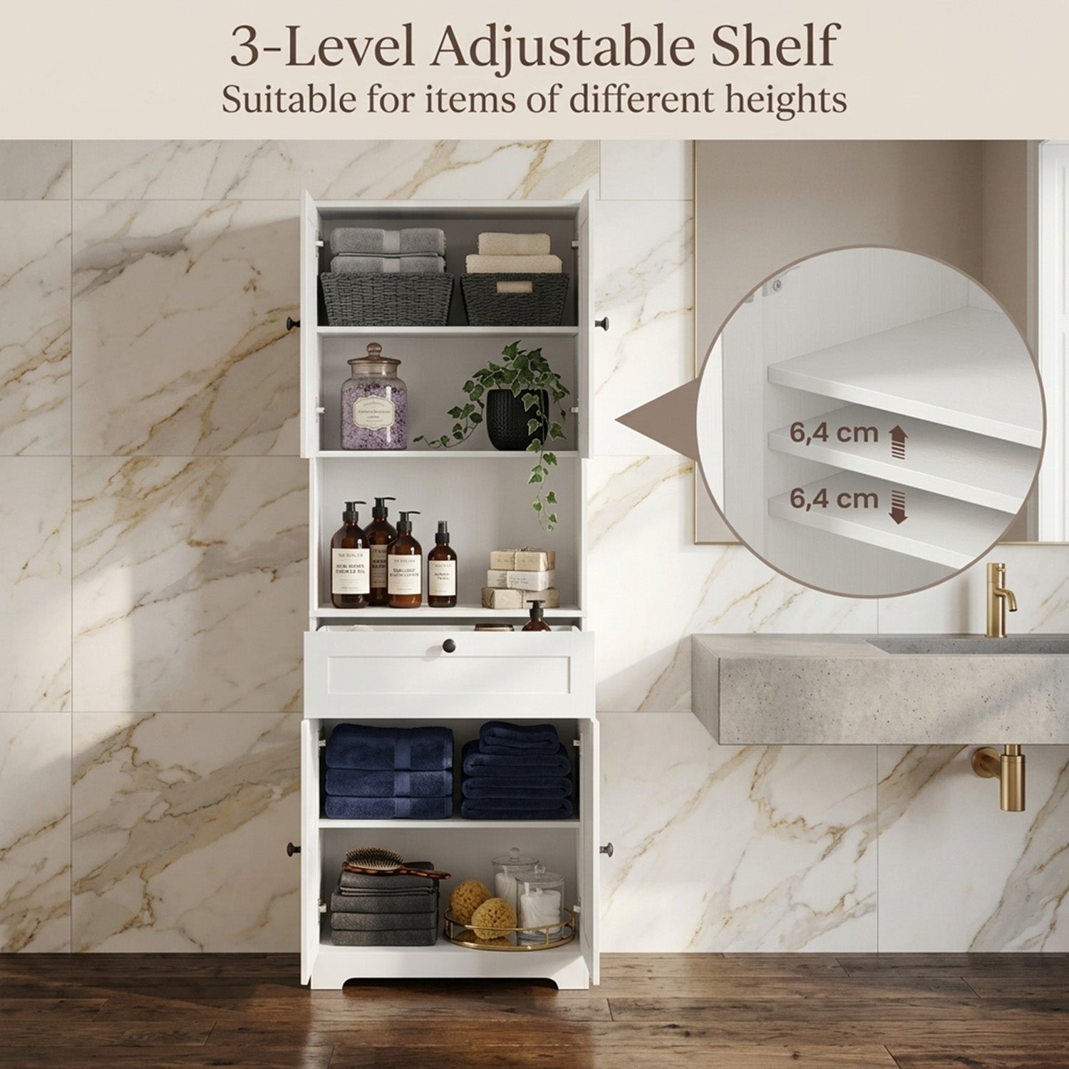 171.5cm Tall Bathroom Cabinet Freestanding Storage with 4 Doors 1 Drawer