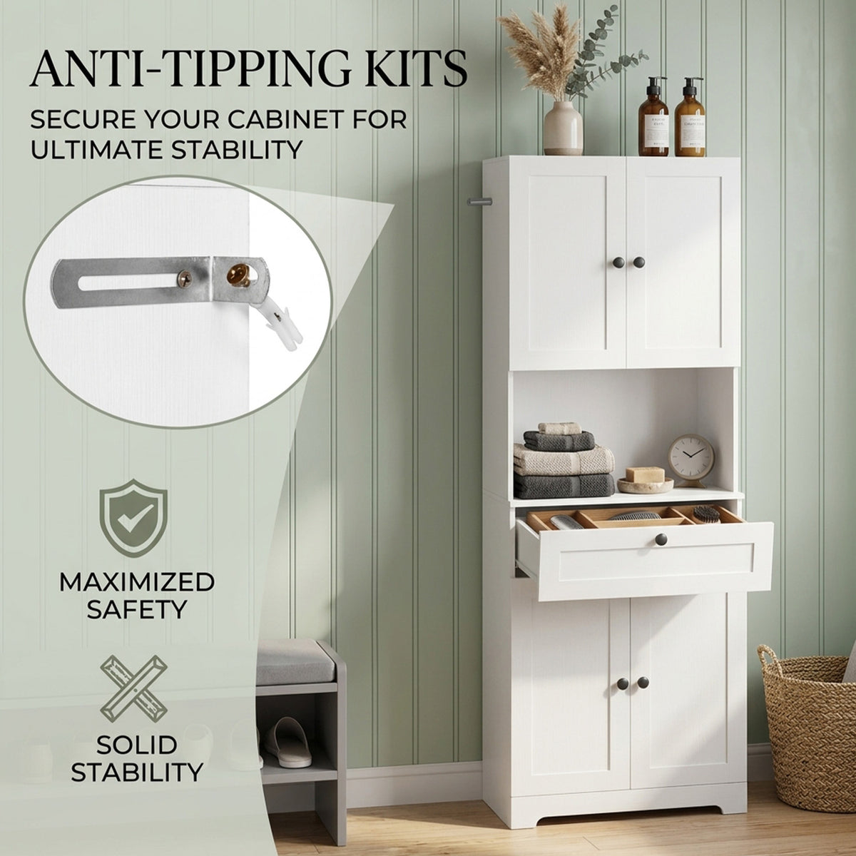 171.5cm Tall Bathroom Cabinet Freestanding Storage with 4 Doors 1 Drawer