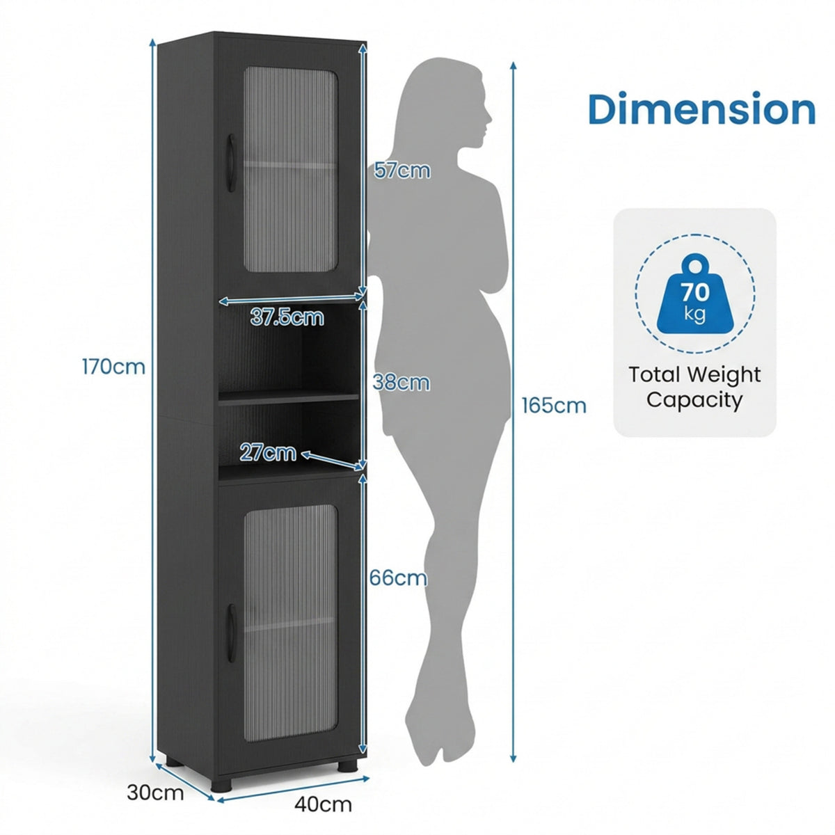 Freestanding Tall Bathroom Storage Cabinet Fluted Doors Adjustable Shelf