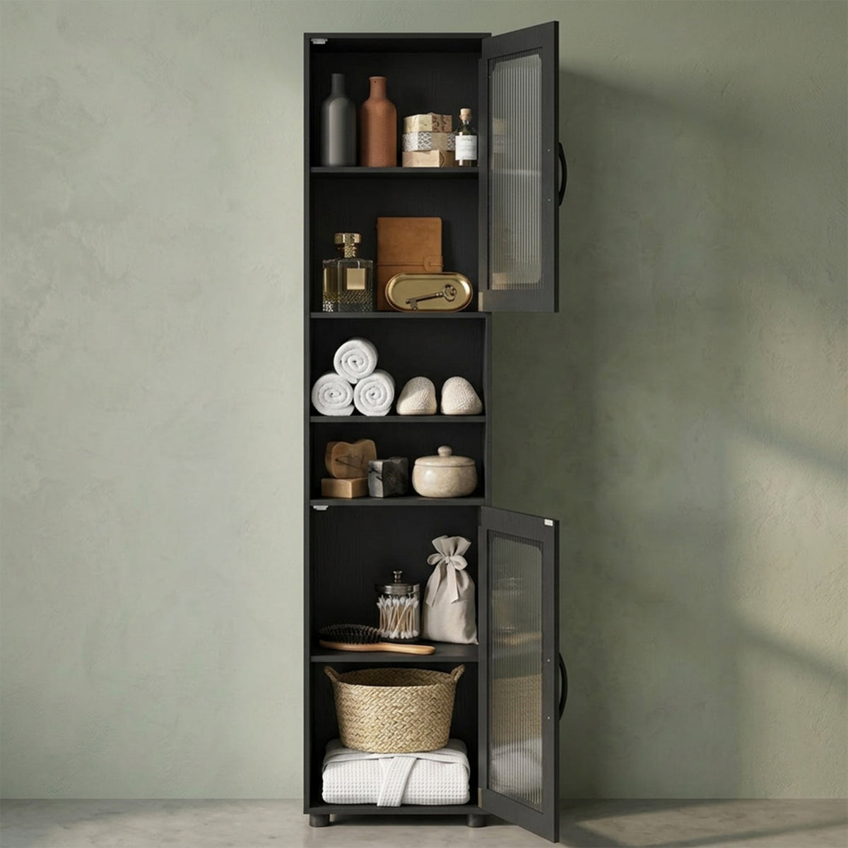 Freestanding Tall Bathroom Storage Cabinet Fluted Doors Adjustable Shelf