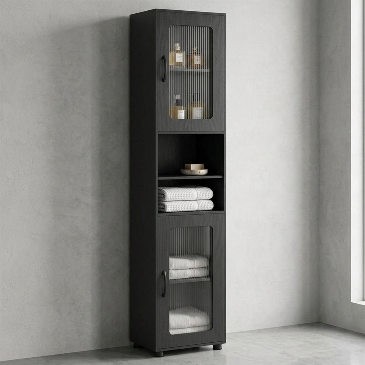 Freestanding Tall Bathroom Storage Cabinet Fluted Doors Adjustable Shelf