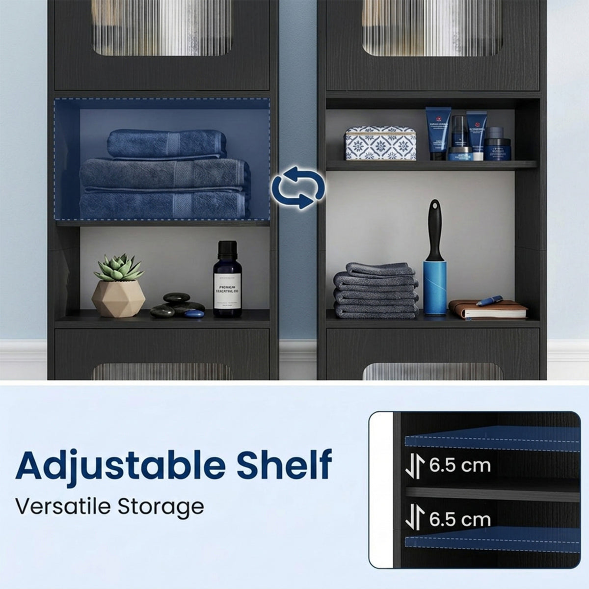 Freestanding Tall Bathroom Storage Cabinet Fluted Doors Adjustable Shelf