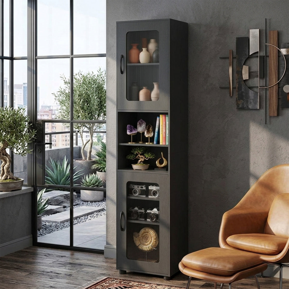 Freestanding Tall Bathroom Storage Cabinet Fluted Doors Adjustable Shelf