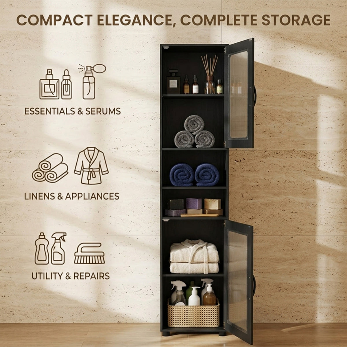 Freestanding Tall Bathroom Storage Cabinet Fluted Doors Adjustable Shelf