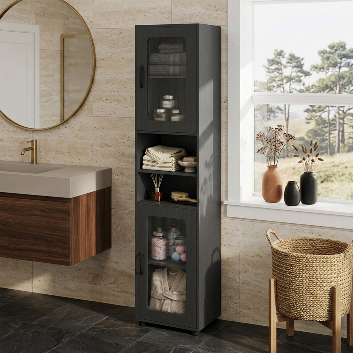 Freestanding Tall Bathroom Storage Cabinet Fluted Doors Adjustable Shelf