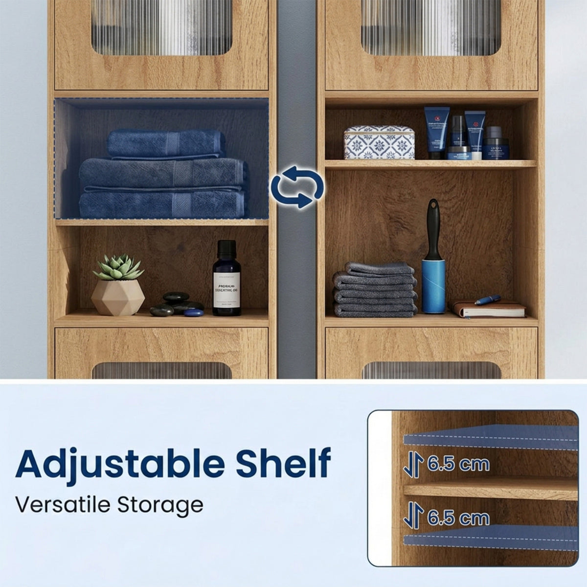 Freestanding Tall Bathroom Storage Cabinet Fluted Doors Adjustable Shelf