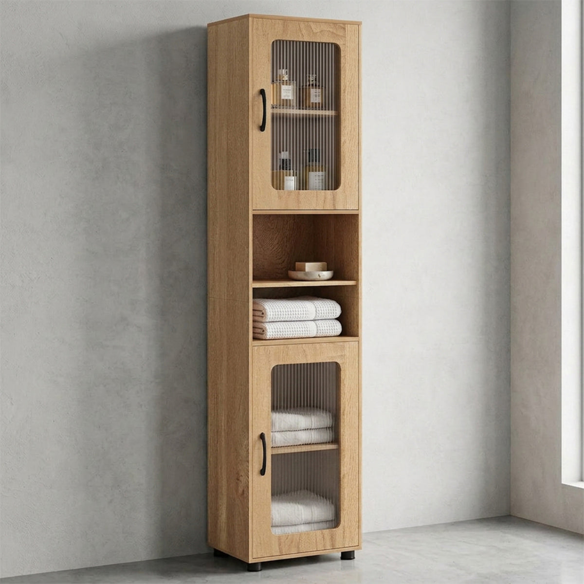 Freestanding Tall Bathroom Storage Cabinet Fluted Doors Adjustable Shelf