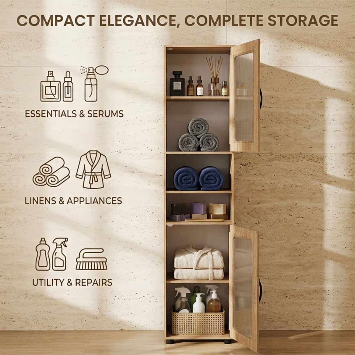 Freestanding Tall Bathroom Storage Cabinet Fluted Doors Adjustable Shelf