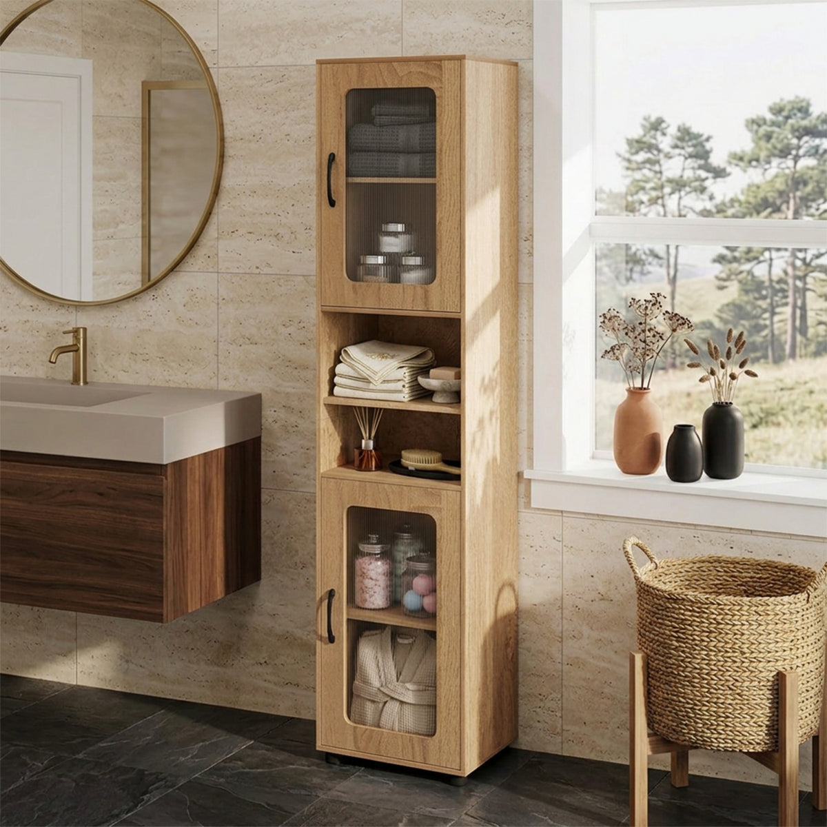Freestanding Tall Bathroom Storage Cabinet Fluted Doors Adjustable Shelf
