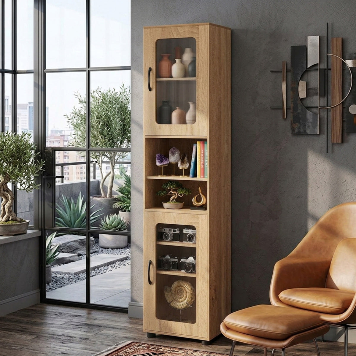 Freestanding Tall Bathroom Storage Cabinet Fluted Doors Adjustable Shelf
