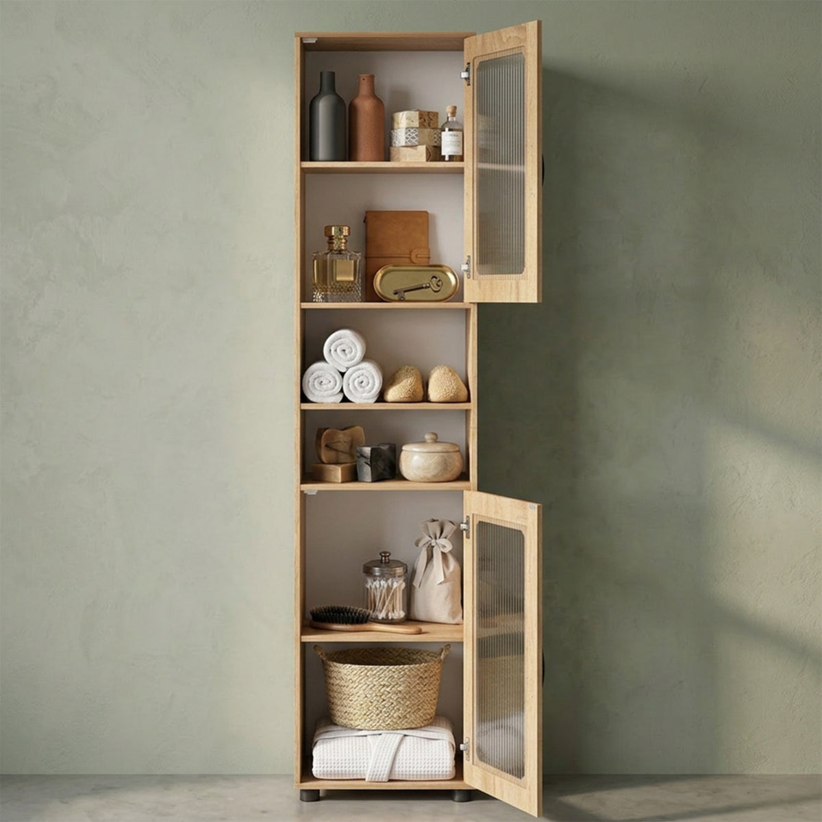 Freestanding Tall Bathroom Storage Cabinet Fluted Doors Adjustable Shelf