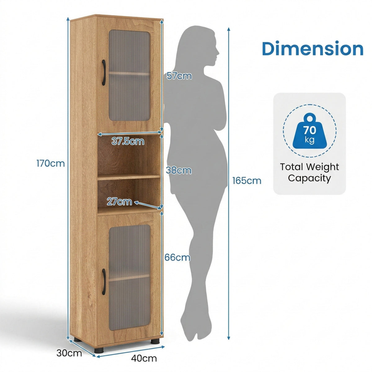 Freestanding Tall Bathroom Storage Cabinet Fluted Doors Adjustable Shelf
