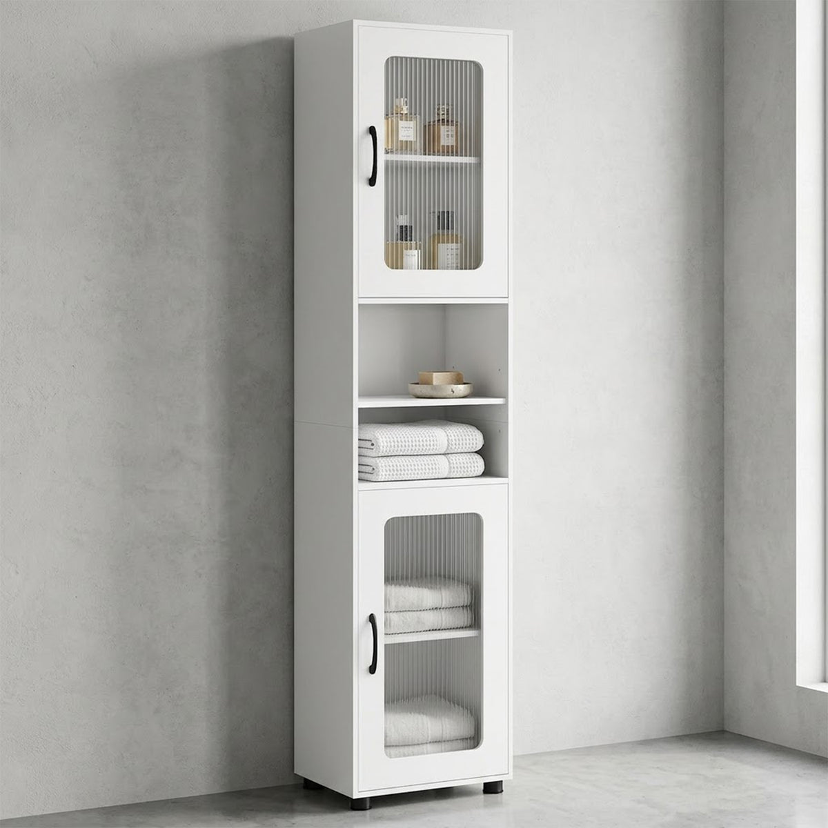 Freestanding Tall Bathroom Storage Cabinet Fluted Doors Adjustable Shelf