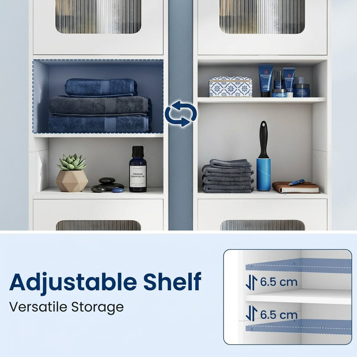 Freestanding Tall Bathroom Storage Cabinet Fluted Doors Adjustable Shelf