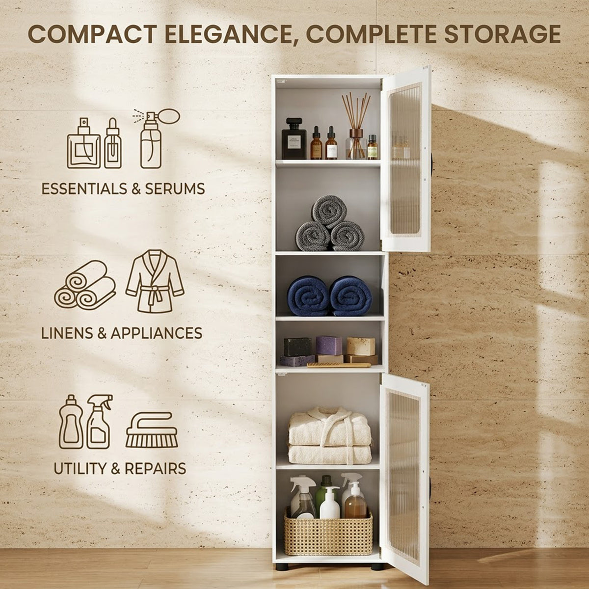 Freestanding Tall Bathroom Storage Cabinet Fluted Doors Adjustable Shelf