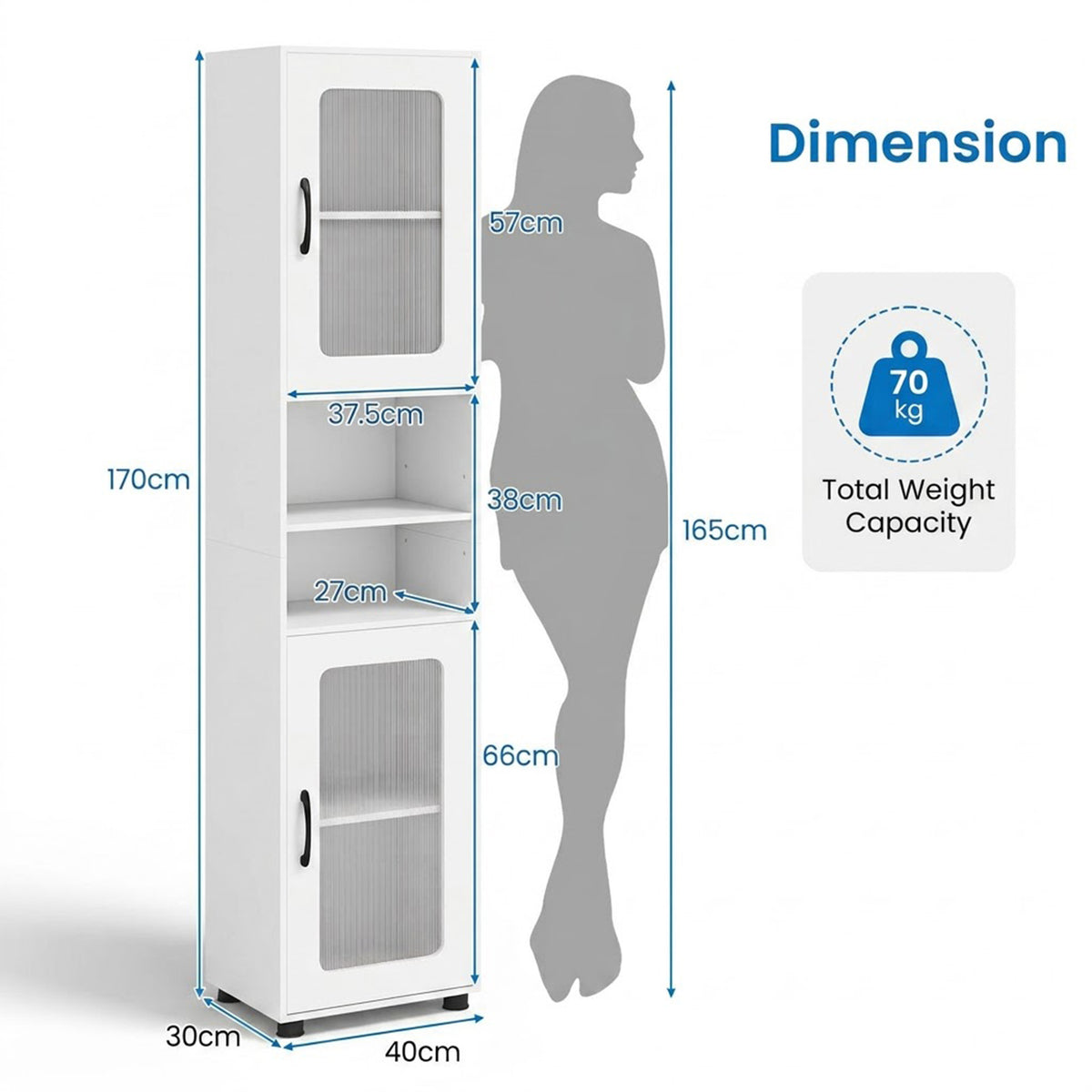 Freestanding Tall Bathroom Storage Cabinet Fluted Doors Adjustable Shelf