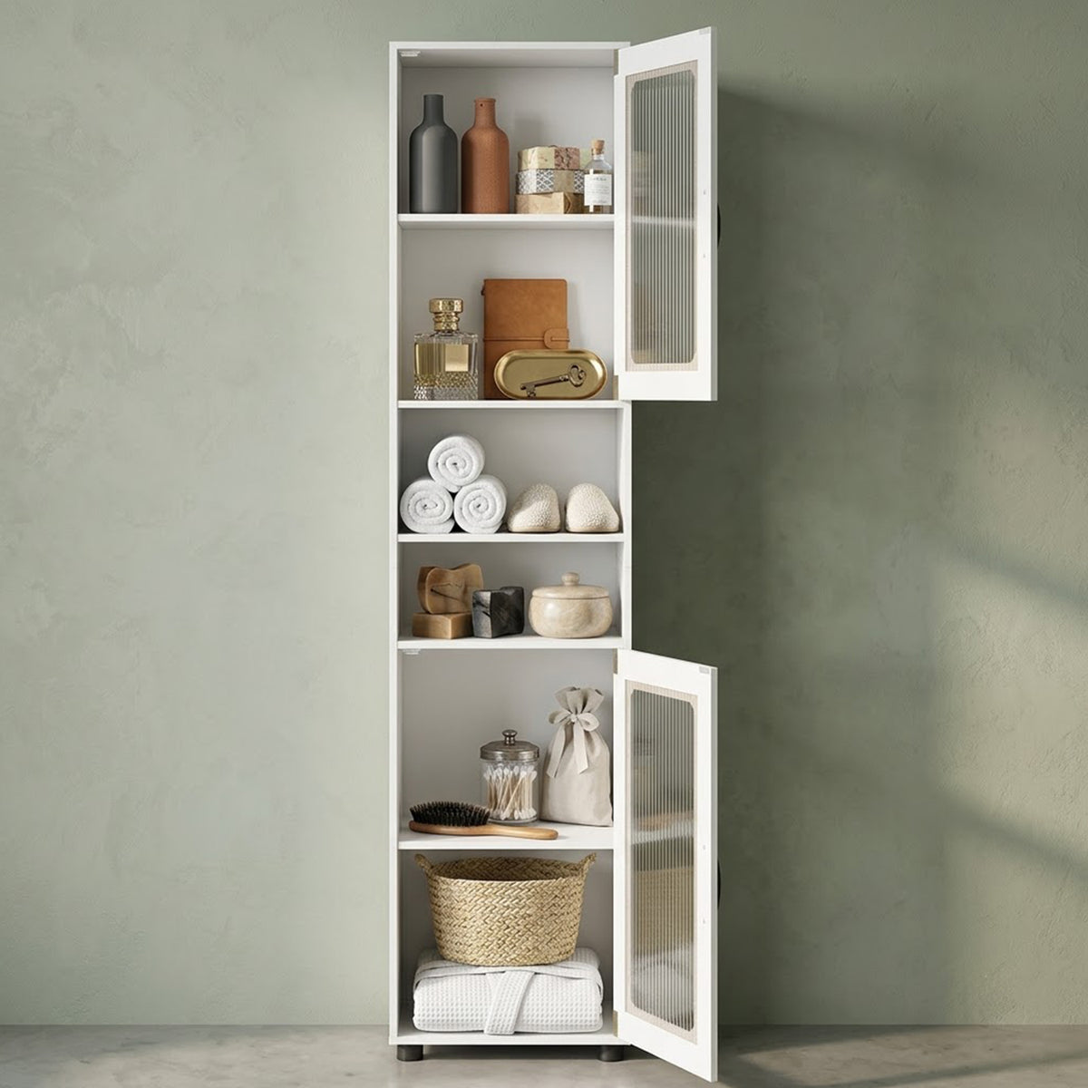 Freestanding Tall Bathroom Storage Cabinet Fluted Doors Adjustable Shelf