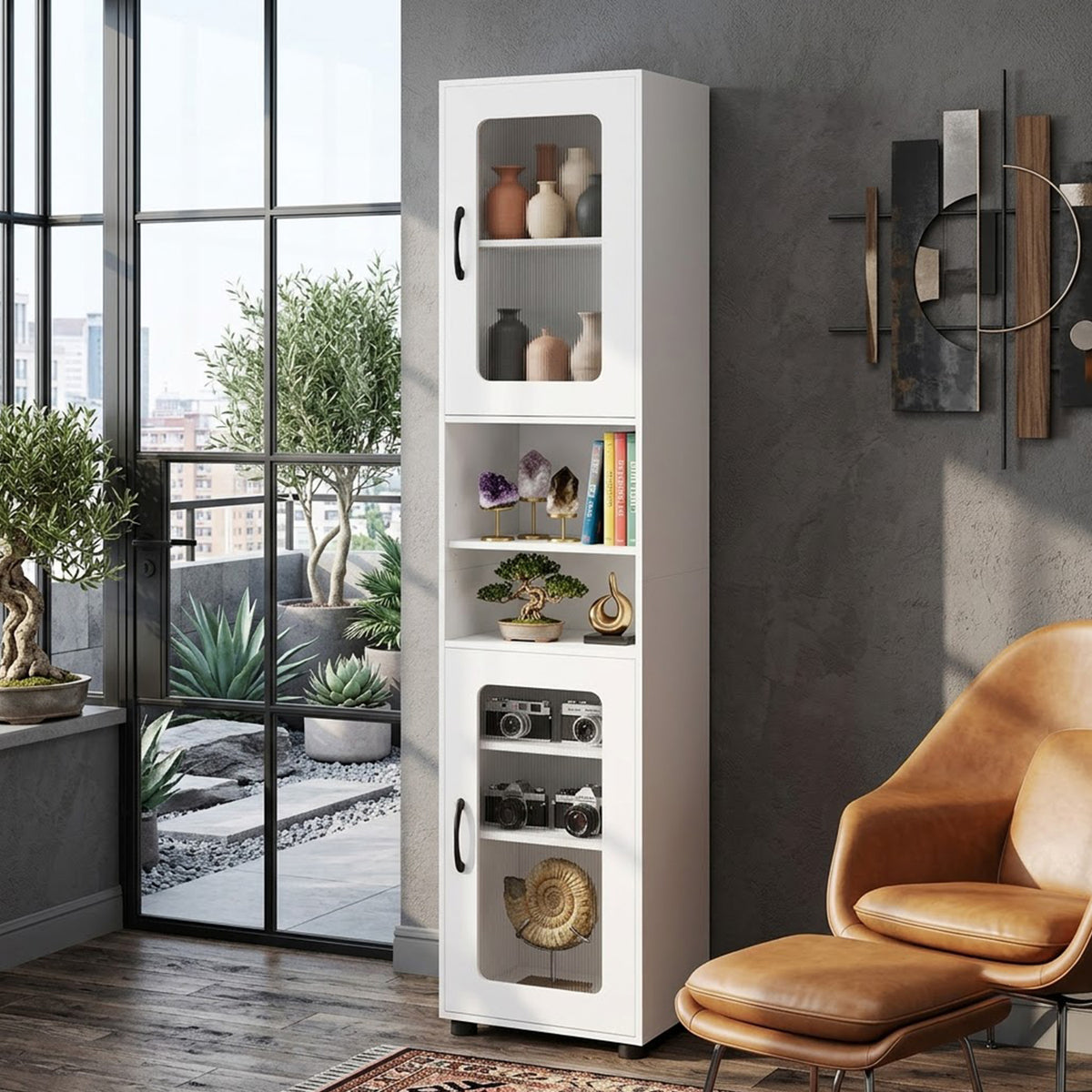 Freestanding Tall Bathroom Storage Cabinet Fluted Doors Adjustable Shelf