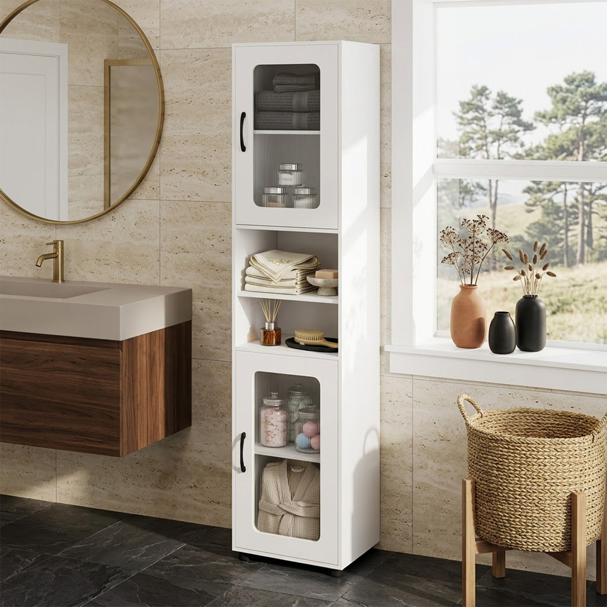 Freestanding Tall Bathroom Storage Cabinet Fluted Doors Adjustable Shelf