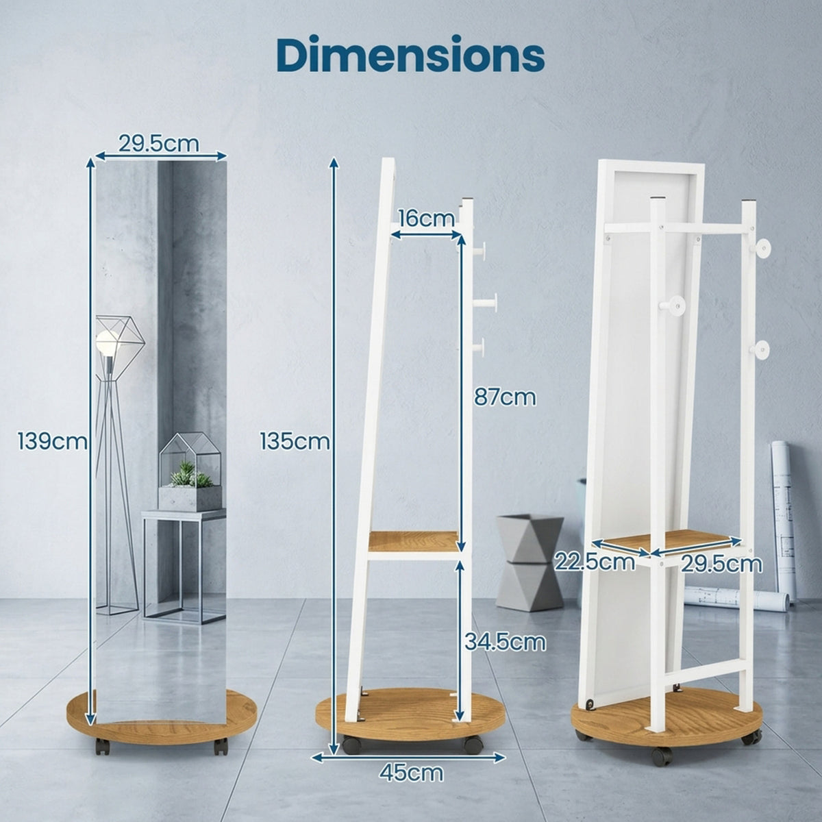 Freestanding Coat Tree with 3 Hooks and Storage Shelves Furniture Home
